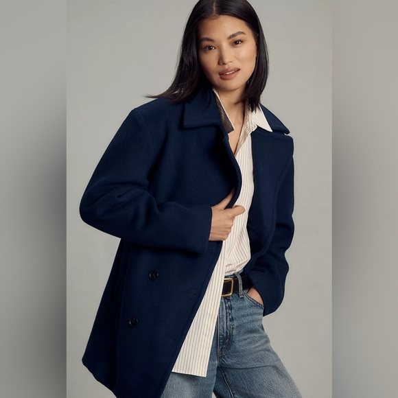 NWT! Anthropologie Navy Maeve Double-Breasted Wool-Blend Coat - Medium 💎 - Picture 2 of 7